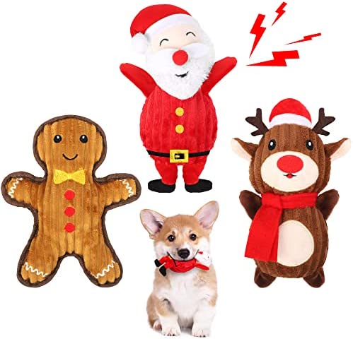 Tiibot 3 Pack Christmas Squeaky Plush Dog Toys Xmas Dog Teething Chew Toys Stuffed Plush Interactive Toys for Puppy Small Middle Dogs Pets