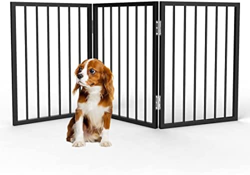 Traditional Freestanding Dog Gate, 3 Panel 24 Inch Standing Folding Z Shap Expandable Decorative Metal Fence for Small Medium Pet Dogs, Barrier for Indoor Doorways, Stairs, HallWays