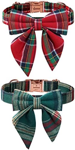 Unique 2 Pack Dog Collar with Bowtie,Christmas Cute Plaid Dog Collar with Adjustable Rose Metal Buckle for Small Medium Dogs Cats(M)