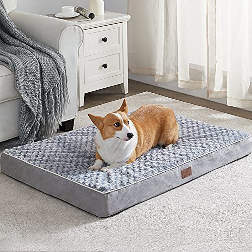 WNPETHOME Orthopedic X Large Dog Bed, Dog Bed for Large Dogs with Egg Foam Crate Pet Bed with Soft Rose Plush Waterproof Dog Bed Cover Washable Removable（XL Dog Bed 42 x 30 x 4 inch Grey）