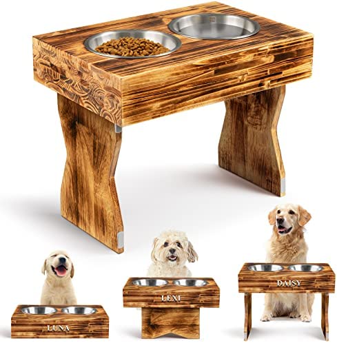 Wooden Elevated Dog Bowls Stand (up to 12.6" Tall, 56oz) for Large, Medium, Small Size Dogs, Adjustable Raised Cat Bowl Feeder for Food & Water, 2 Stainless Steel Bowl, Name Tag DIY, Wood