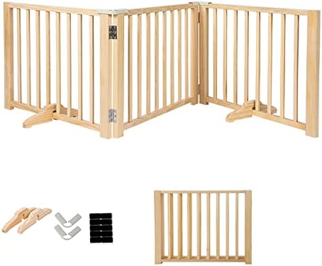 YOCAN Freestanding Wooden Dog Gates -Foldable Pet Gate Indoor Dog Fence, Dog Gate for Doorways, House, Stairs , Halls-3 Panel 16.9"