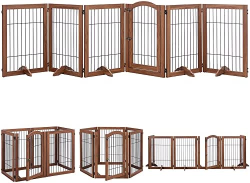 beeNbkks Extra Wide Pet Gate, 6 Panels Freestanding Dog Gate with Walk Through Door and 5 Support Feet, Pet Barrier Fence for Stairs Doorways Fireplace, Indoor Exercise Playpen for Dog Cat