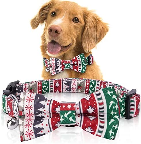 𝐗𝐌𝐀𝐒 𝐆𝐈𝐅𝐓 Christmas Dog Bow Ties Collar, Compernee Christmas Dog Collar with Bow Tie Cat Bowtie, Adjustable Soft Cotton Pet Bow Tie for Small Medium Large Dog, Christmas Best Gift