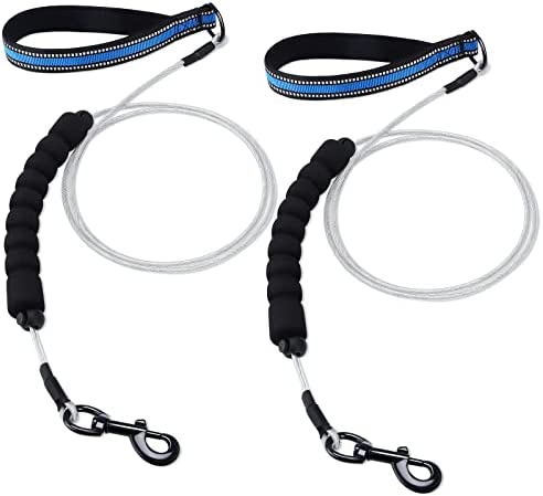 2 Pack Chew Proof Dog Leashes 6 ft Two Handle, Durable Chew Resistant Metal Cable Lead, Non Chewable Coated Steel Wire Leash with Reflective Padded Handle for Teething Puppies Small Medium Large Dogs