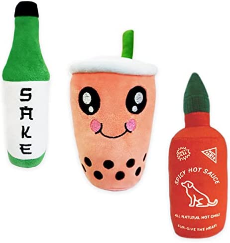 3 Pack Asian Food Chew Toys - Funny Squeak Plush Toys - Dog Gifts - Boba - Hot Sauce - Sake