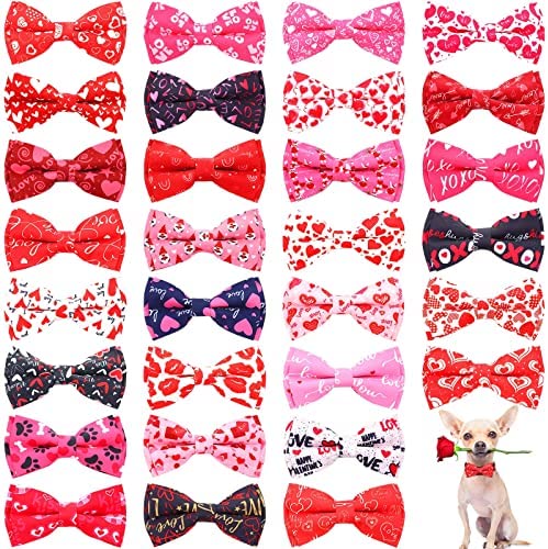 30 Pieces Valentines Dog Collar Bow Christmas Dog Bows Collar Attachments with Elastic Bands Dog Collar Detachable Charms for Dogs Collar Grooming Accessories Valentines Costume