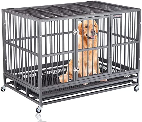 37 Inch Indestructible Dog Crate Heavy Duty Dog Kennel Steel Dog Cage with Wheels, Escape Proof Dog Kennel and Crate for Large Dogs, Extra Large Dog Crates Indoor with Sturdy Lock & Removable Tray