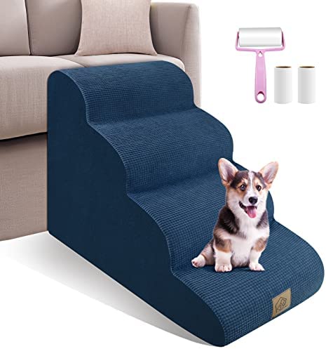 4 Tiers High Density Foam Dog Stairs,16'' Wide Large Pet Stairs Ramps,Non-Slip Dog Ladder Steps for Indoor High Bed Sofa,Up to 60 lbs,Help Older Injured Pets-1Free Lint Roller with 2 pcs Refills