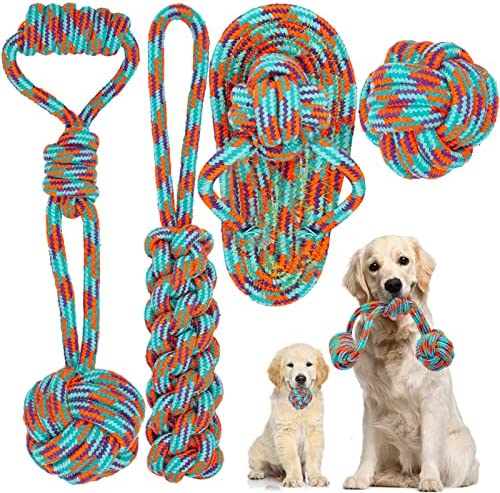 AUKZON Durable Dog Chew Toys for Aggressive Chewers, Indestructible Cotton Rope Toys for Teeth Cleaning, Gum Massage, Tug of War, Fetching, Dog Toys for Boredom, Birthday & Holiday Gifts-4 Pack