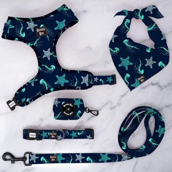 Bossy Bee | 5 Piece Dog Harness Set (Jellyfish & Sea Star, Large) | Matching Leash, Harness, Collar, Bandana & Dog Waste Bag Holder | Poop Bags Included | Ocean Beach Theme Cute Set