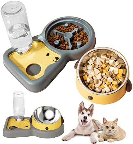 CHINMON Slow Feeder Dog Bowls,3 in 1 Cat Dog Tilted Food and Water Bowl Set for Puppy,Raised Stainless Steel Dogs Bowl with Automatic Water Dispenser Bottle for Pet