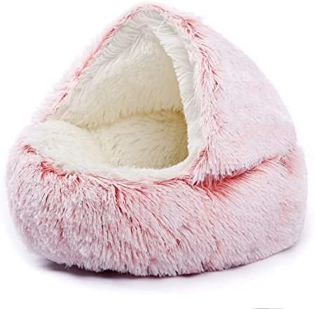 Cat Cave Bed Round Plush Fluffy Hooded Cat Bed Cozy for Indoor Cats or Small Dog beds, Cushion Sofa for Small Dogs Soothing Pet Beds Doughnut Calm Anti-nxiety Dog Bed - Waterproof Bottom Washable
