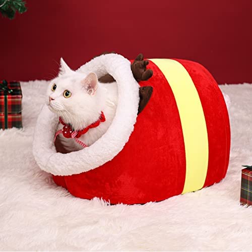 Christmas Dog Bed for Small Dog Cat Bed for Indoor Cats Cave Bed Cat Igloo Nest House Hut Hideout (Cute Elk)
