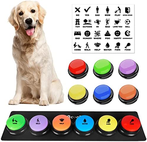 Dog Buttons for Communication, 6 Pcs Dog Talking Button Set, 30s Voice Recordable Pet Training Buzzer, Speaking Buttons for Cats & Dogs with Waterproof Dog Activity Mat and 24 Scene Stickers