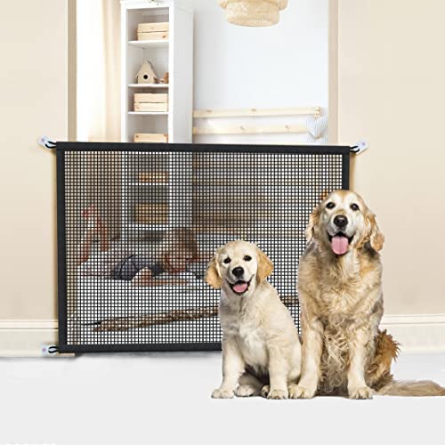 Dog Gates for The House Fit Wide 40 to 44 Inches, 30" Tall Indoor Mesh Dog Gate for Stairs and Doorways, Stainless Steel Pole Reinforcement Design, with 3pcs Stainless Steel Pole and Reinforced Hook