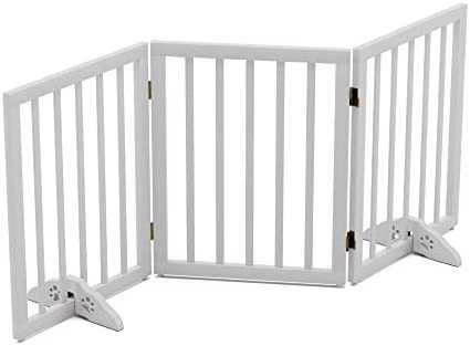 Dog Gates for The House Freestanding Folding Pet Gate Indoor 3 Panels 24'' Height with 2PCS Support Feet Wooden White Dog Gate for Stairs Extra Wide Dog Gate