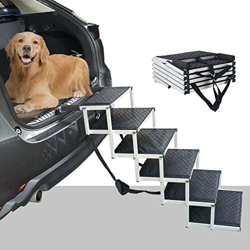 Dog Ramps for Large Dogs SUV, Upgraded Aluminum Frame Pet Steps for Truck, Cars, High Beds, Portable and Folding Stair for Large Dog up to 200Lbs with Light Weight and Non-Slip Surface (6 Steps)