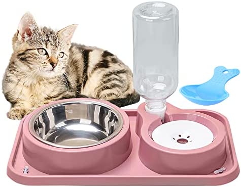 Double Dog Cat Bowls Water and Food Bowl Set,Automatic Water Dispenser Bottle ,Anti-overturning Dog Basin Cat Basin, Pet Feeder for Small or Medium Size Dogs Cats (Pink)