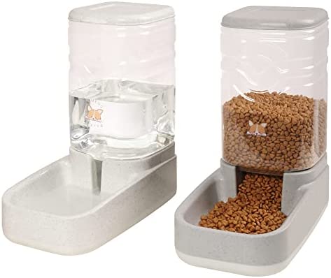 ELEVON Automatic Dog Cat Gravity Food and Water Dispenser Set with Pet Food Bowl for Small Large Pets Puppy Kitten Rabbit Large Capacity(White&Gray)