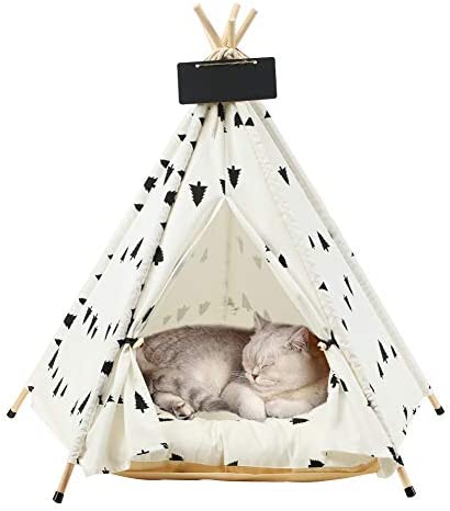 EMUST Pet Teepee, Large Dog Teepee Bed with Thick Cushion, 24 Inch Tall, Portable Washable Teepee Tent for Dogs Puppy, Cat and Rabbits, for Pets Up to 33lbs (Tree-White, Medium (Pack of 1))