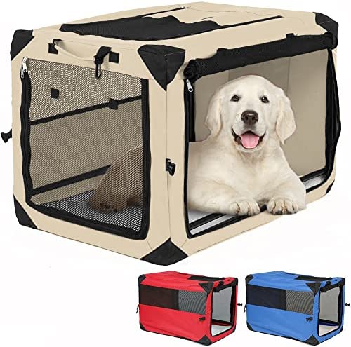 EMUST Travel Dog Crate, Quick Portable Dog Kennels and Crates with Durable Mesh Window, Soft-Sided Dog Crates for Small/Medium/Large Dogs, Beige, M