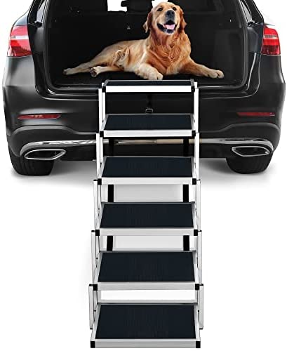 Extra Wide Dog Car Steps, Portable Aluminum Fram Large Dog Stairs for High Beds, Trucks, Cars and SUV, Lightweight Foldable Pet Ladder Ramp with Nonslip Surface Can Support 150-200 Lbs Large Dog