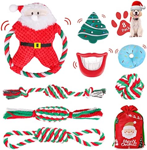 FAIRWIN Christmas Dog Toys 8 Pack Dog Christmas Stocking Gifts, Dog Rope Toys for Aggressive Chewers, Squeaky Dog Plush Toys for Training Teething Playing