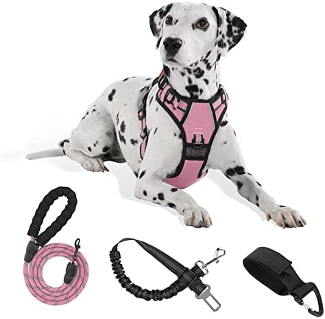 FURRYFECTION No Pull Dog Harness, Reflective Vest Harness with Leash No Choke Soft Padded Dog Vest, Adjustable Front Lead Dog Harnesses with Dog Seat Belt for Small Medium Large Dogs, Pink, L