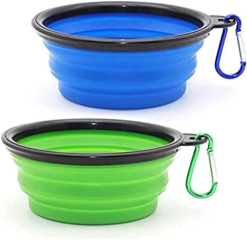 GOZOEY 2 Pack Collapsible Dog Bowl, Portable Pet Feeding Watering Dish Outdoor Travel Portable with 2 Carabiners (Large Blue+Green 1000ml)