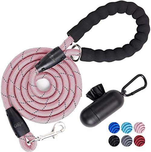 Gorilla Grip Heavy Duty Dog Leash, Soft Handle, Strong Reflective Rope for Night Walking, Small Medium Large Dogs, Durable Puppy Training Leashes, Rotating Metal Clip, Waste Bag Dispenser, Pink