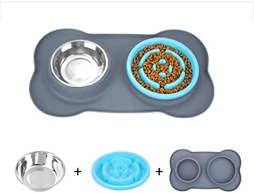 Gouso Dog Bowls Slower Food Feeding No-Spill Non-Skid Silicone Mat Stainless Steel Water Bowl Healthy Design for Dogs and Cats（Blue）
