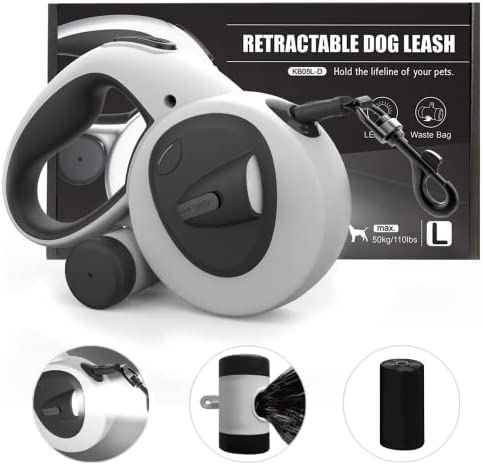 HCY&WLD Upgrade 4-in-1 Retractable Dog Leash with Light and Dispenser and Poop Bags, 16ft Heavy Duty Dog Leash with Anti-Slip Handle for Dogs up to 110 lbs, 360° Tangle-Free, One Button Brake & Lock