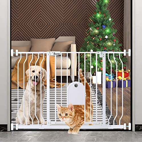 IKUSO 30”-49” Extra Wide Baby Gate for Stairs,30” Tall Baby Gate with Two Extensions, Baby Gates for Doorways with Small Pet Door,Protect Door Frames and Walls,Easy Install for House, Stairs