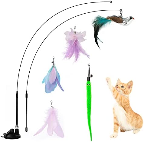 Jetczo Cat Feather Toys, Interactive Cat Toy with Super Suction Cup Detachable 5 PCS Feather Replacements with Bell, 2 Wand Cat Spring Feather Toys for Indoor Cats Kitten Play Chase Exercise