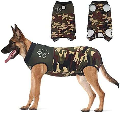 Jiupety Dog Recovery Suit Adjustable, Dog Bodysuit for Abdominal Wound After Surgery, Substitute E-Collar, 3XL Size, Anti-Licking Surgical Dog Onesies, Camo.