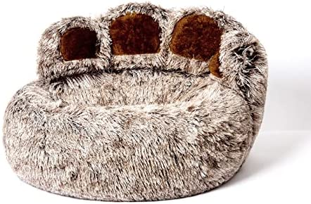 Jiupety Pet Round Bed of Paw Shape, Calming Donut Dog Bed for Small Dog, Faux Fur Cat Bed for Cat, Comfortable and Soft, Machine Washable, Medium Size (22"×22"×6"), Gray