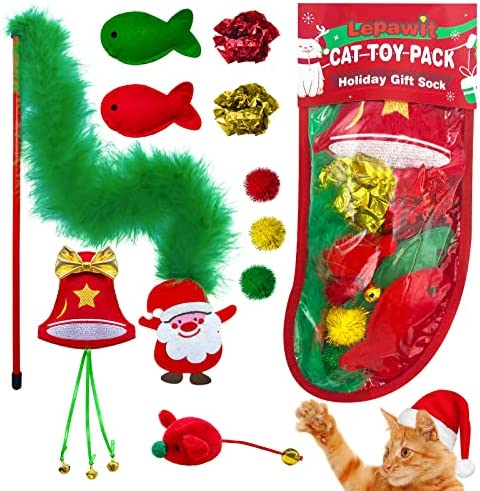 Lepawit 2022 New Cat Christmas Stocking, 10 Pack Christmas Cat Toys for Indoor Cats, Includes Catnip Toys, Cat Teaser, Cat Balls and Feather Toys, Great Value for Cats