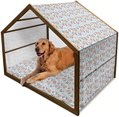 Lunarable Dog Wooden Dog House, Puppy French Bulldogs of Ribbons Funny Little Animals Hearts Cartoon Concept, Outdoor & Indoor Portable Dog Kennel with Pillow & Cover, 2X-Large, Pale Blue Multicolor