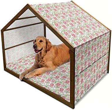 Lunarable Floral Wooden Dog House, Watercolor Rose Flower Petals Leaves Romantic Fragrance Beauty Art, Outdoor & Indoor Portable Dog Kennel with Pillow & Cover, 2X-Large, Fern Green Pale Pink