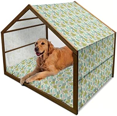 Lunarable Leaves Wooden Dog House, Pastel Toned Continuous Pattern with Doodle Abstract Leaf Designs Print, Outdoor & Indoor Portable Dog Kennel with Pillow & Cover, 2X-Large, Cream and Multicolor