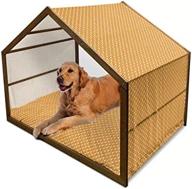 Lunarable Wheat Wooden Dog House, Repetitive Oktoberfest Themed Pattern with Beer Mugs, Outdoor & Indoor Portable Dog Kennel with Pillow & Cover, 2X-Large, Marigold Earth Yellow