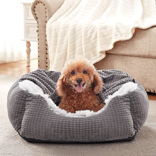 MIXJOY Dog Beds for Large Medium Small Dogs, Rectangle Cave Hooded Blanket Puppy Bed, Luxury Anti-Anxiety Orthopedic Cat Beds for Indoor Cats, Warmth and Machine Washable (20 inches, Grey)