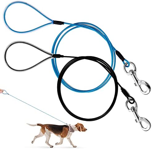 Mi Metty Chew Proof Dog Leash - Six Foot Metal Cable Lead. Heavy Duty Leash Made of Coated Wire Rope. Chew Resistant, Great for Large Dogs and Teething Puppies. Dog Chains (2 Pack, Black+Blue)