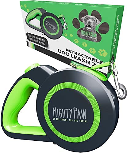 Mighty Paw Retractable Dog Leash 2.0 | 16’ Heavy Duty Reflective Nylon Tape Lead for Pets Up to 110 LBS. Tangle Free Design W/ One Touch Quick-Lock Braking System & Anti-Slip Handle. (Green/Standard)