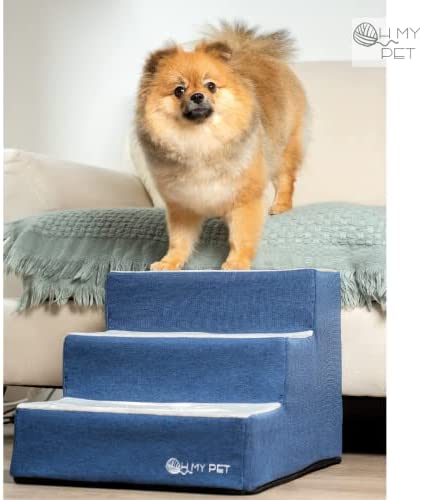 Oh My Pet 3-Step Pet Stairs for Small Dogs, Cats - Non-Slip Elegant Stairs for High Beds, Furniture - Portable, Easy to Assemble - Dog Ramp/Ladder for Medium Dogs, Cats - Blue