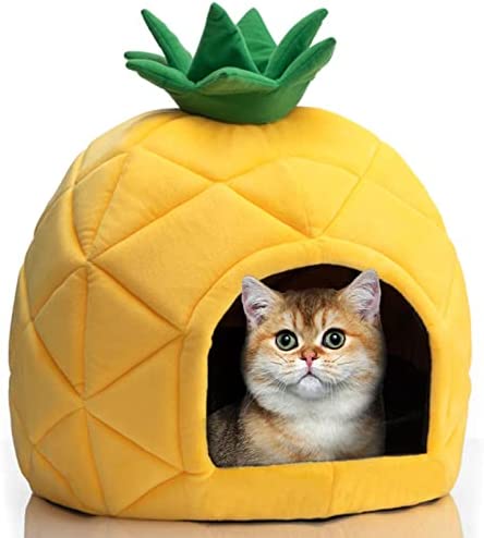 PAPITLULU Pineapple Pet Bed, Warm Cave Nest Sleeping Bed Puppy House for Cats and Small Dogs, Black