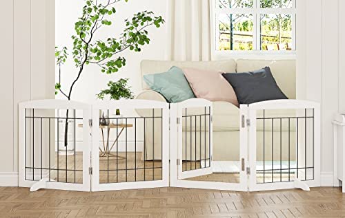 PAWLAND Freestanding Dog Gate with Door Walk Through, Dog Gate for The House, Doorway, Stairs 80-inch Extra Wide, Pet Puppy Safety Fence, Support Feet Included, 4 Panels, 24-inches Tall (White)