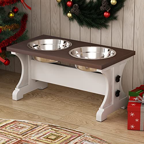 Piskyet Wooden Dog Bowls with Stand, Farmhouse Dog Bowls Stand, Personalized Dog Food Bowl with Stand, Modern Style Raised Dog Bowl for Small to Medium Dog - Brown
