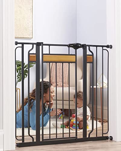Regalo Home Accents Extra Tall & Wide Baby Gate, Bonus Kit, Includes Décor Steel With Hardwood, 4" Extension Kit, 4 Pack Pressure Mount Kit & Wall Cups